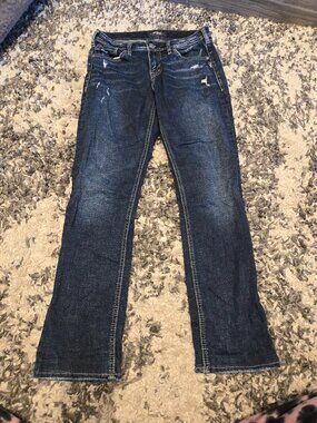Silver Jeans Co. Women’s Avery Straight Leg Distressed Jeans | Size 28 | Dark